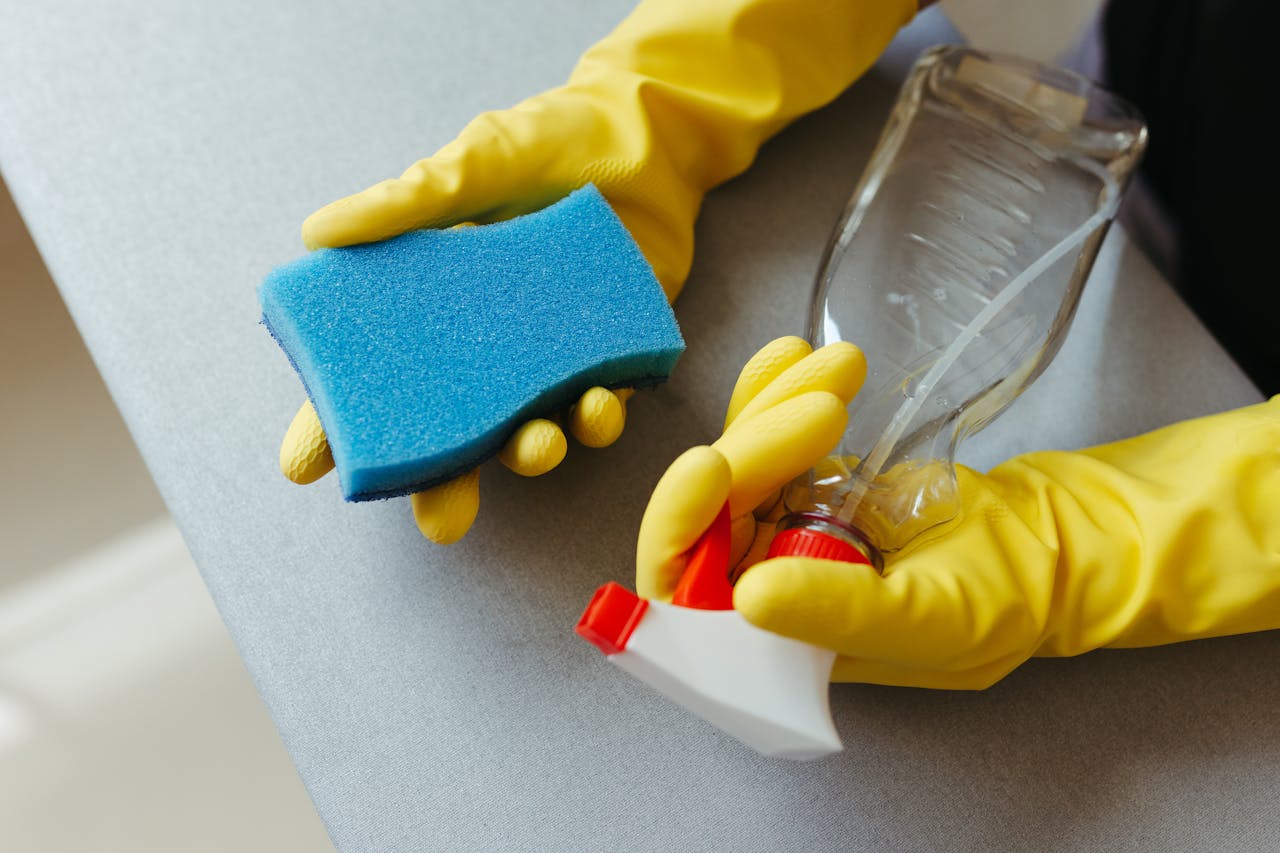 Close-up of hands in gloves holding a sponge and spray bottle for cleaning.